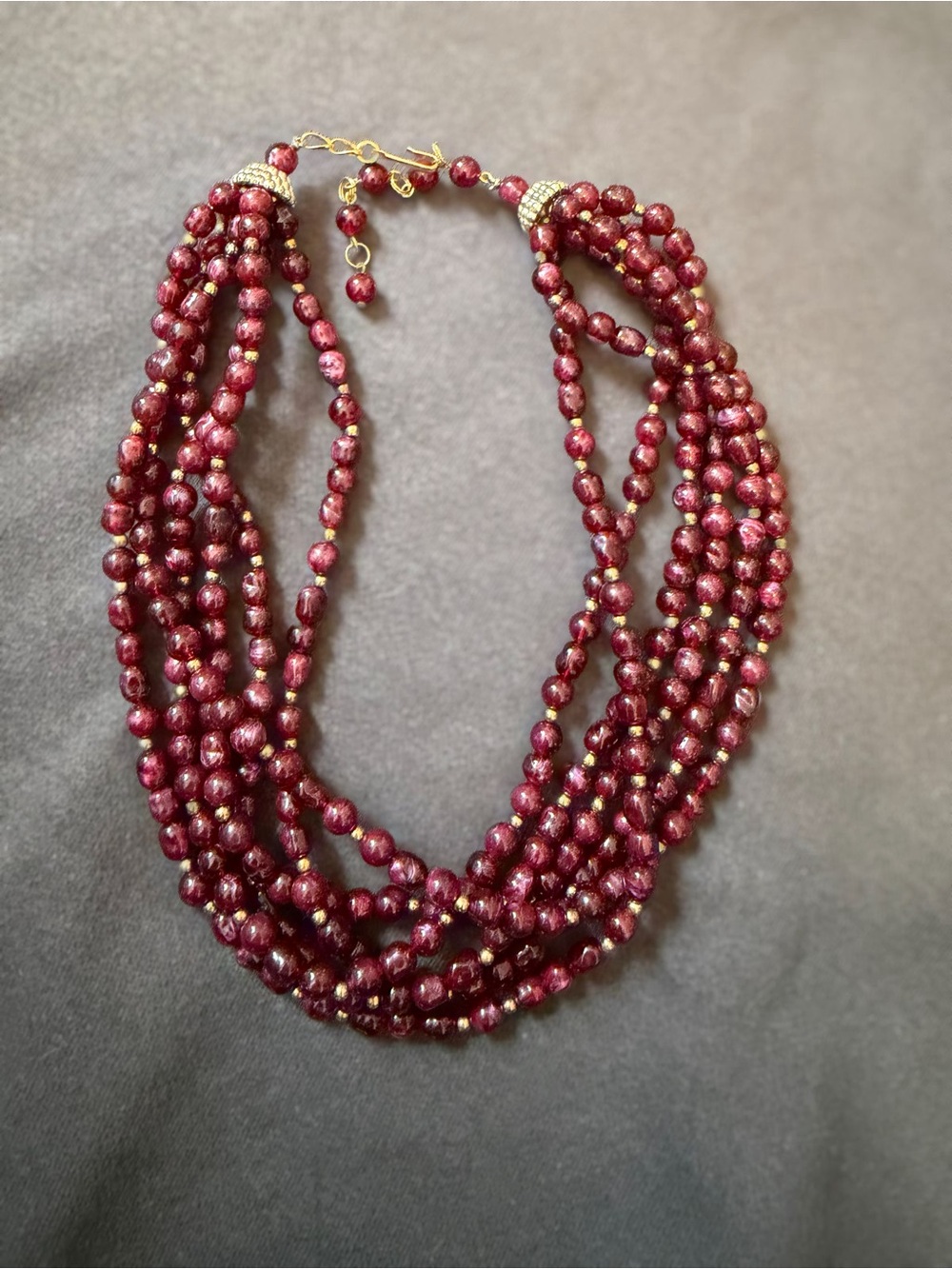 Vintage Multi-Strand Wine Red Beaded Necklace - Unknown